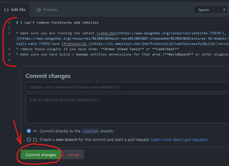 GitHub file editor and Commit changes form