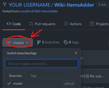Branch selector showing the master branch in a fork