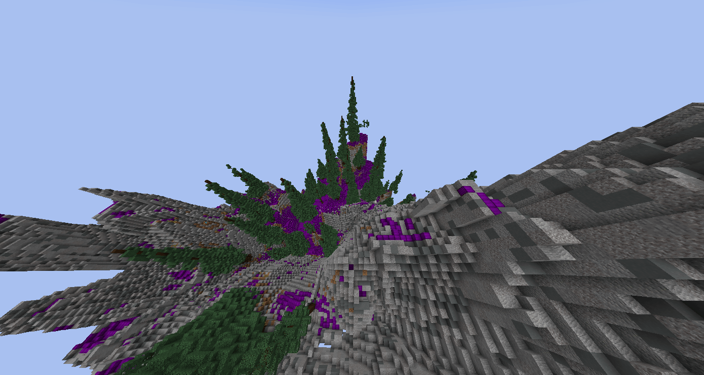 Iris-generated terrain containing custom gray, green and purple blocks