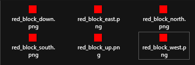 Six red block texture files named for the down, east, north, south, up and west faces