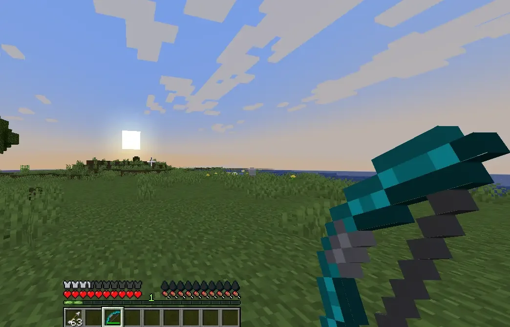Custom turquoise bow being pulled in Minecraft