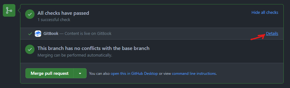 Expanded GitHub checks showing the Details link for the GitBook preview