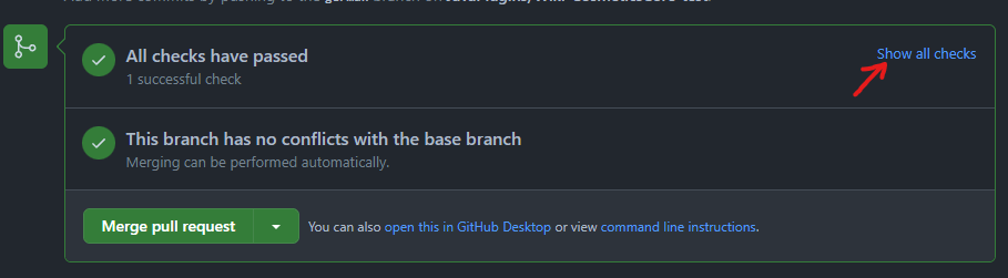 GitHub pull request with all checks passed and the Show all checks link highlighted