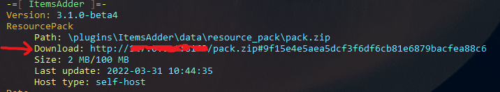 ItemsAdder iainfo output with the resource-pack download URL highlighted