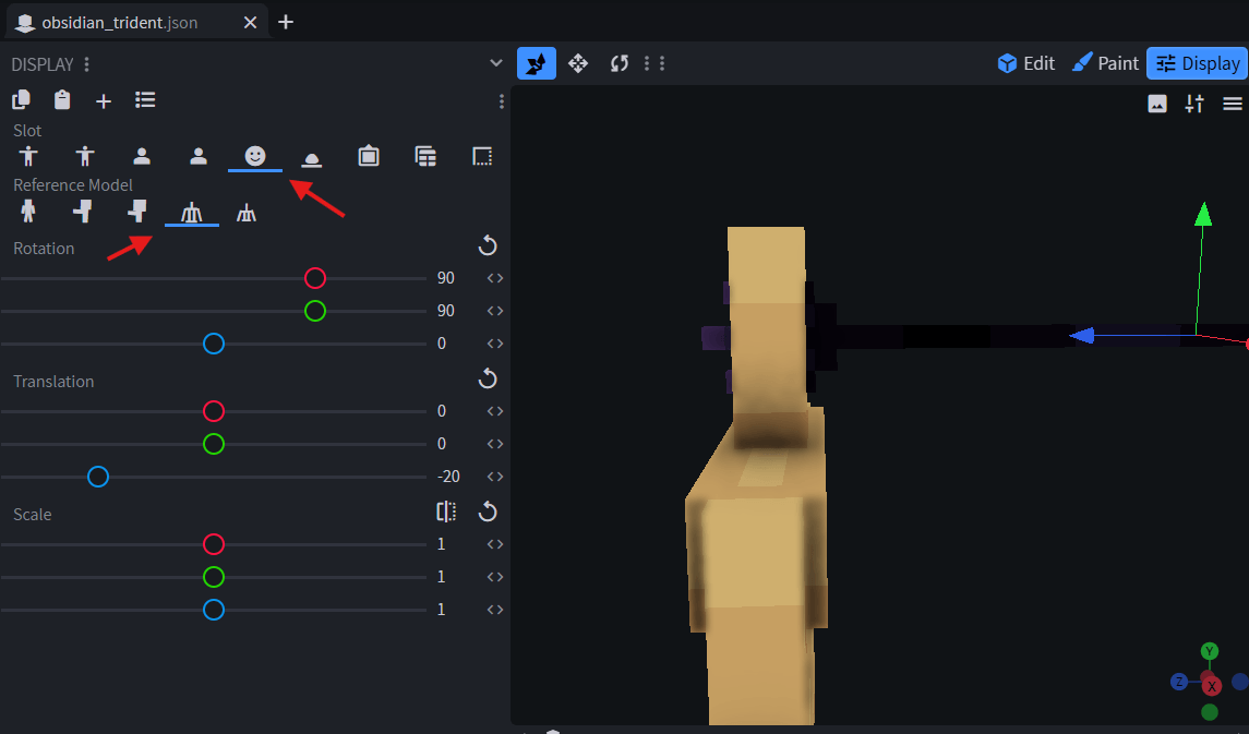 Blockbench head display transform for an obsidian trident