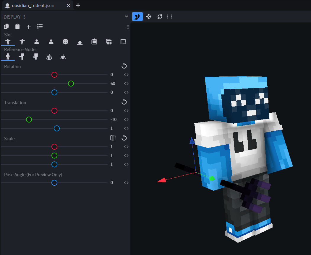 Blockbench third-person display transform for an obsidian trident