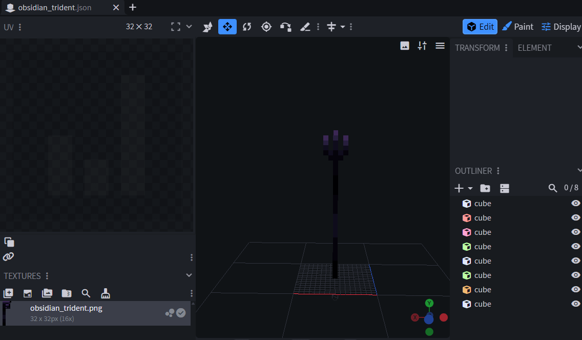 Obsidian trident model open in Blockbench